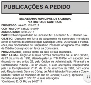 Publicação em Diário Oficial do contrato com o Banco A.J Renner